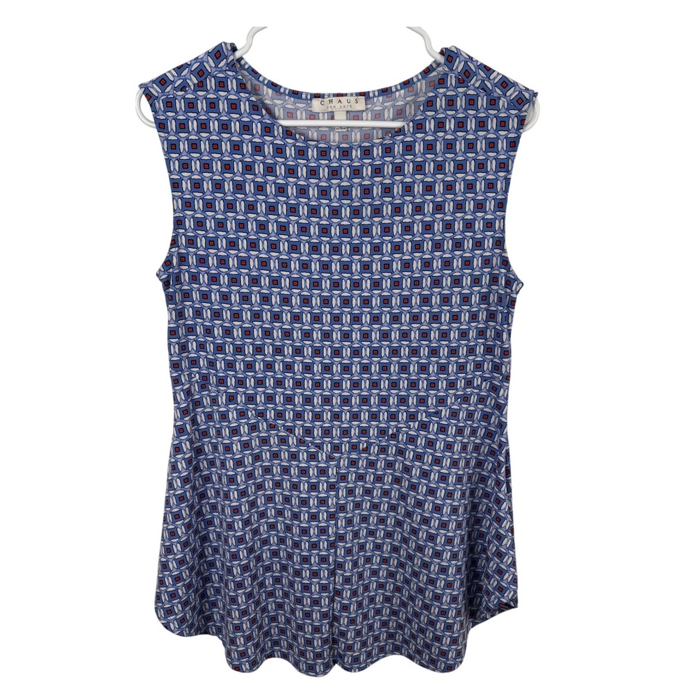 Chaus Sleeveless Top Size S Blue‎ Red Geometric Peplum Stretchy Career Modest